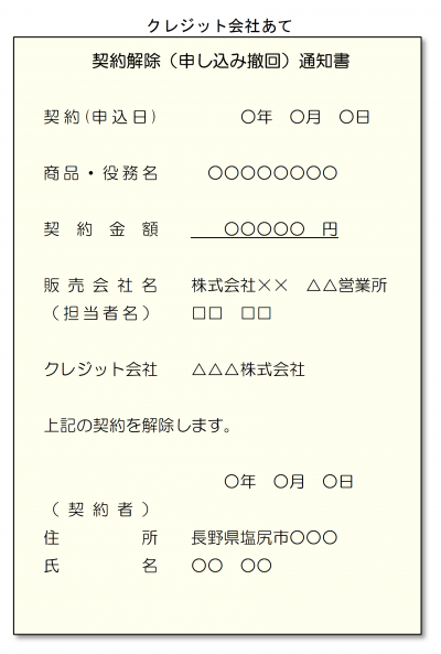 クーリングオフはがきの書き方（クレジット会社あて）